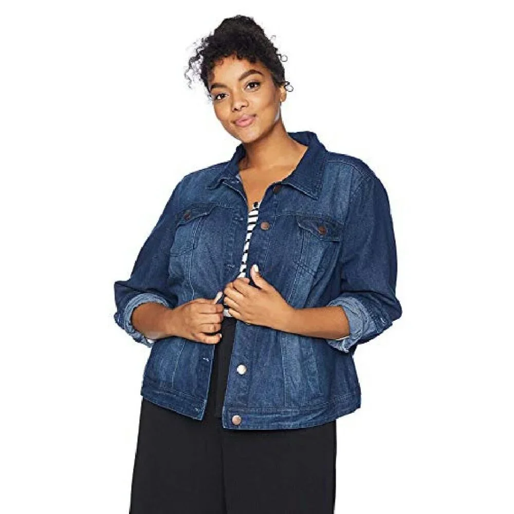Plus Size Denim Jacket Regular Fit Button Pockets Casual Wear